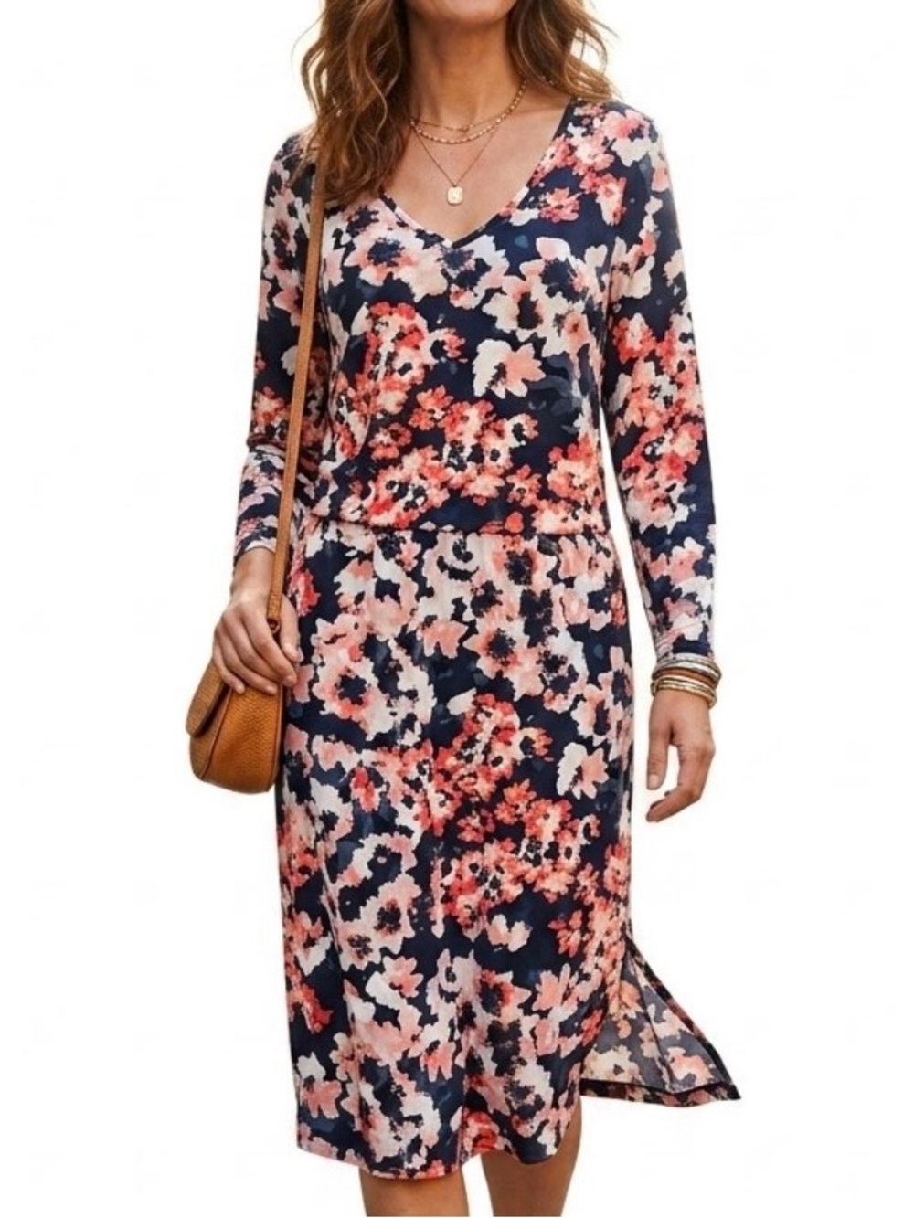 Ulla Popken Plus Sz 24/26 Floral Knit Midi Dress V-Neck Long Sleeve NWT